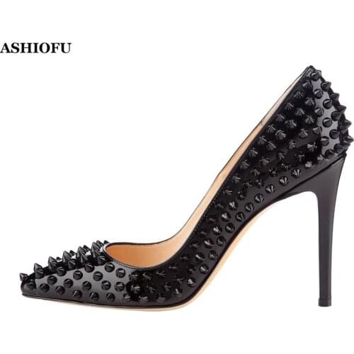 ASHIOFU Handmade New Ladies Stiletto High Heel Pumps Rivets Spikes Party Prom Dress Shoes Evening Club Fashion Pumps Court Shoes