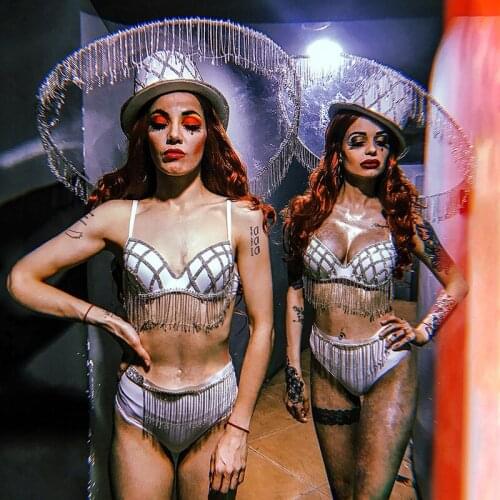 Bar Female Singer Stage Sexy Outfit Evening Show Costume Fringe Bikini Hat Gogo Pole Dance Clothing Women Party White Set BL4907