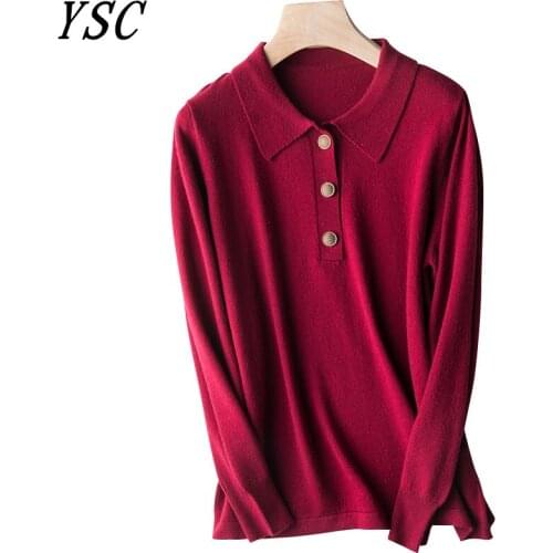 YSC Hot Sales Women Knitted Wool Sweater Turn collar Solid color High-quality Self-cultivation style pullovers Button decoration