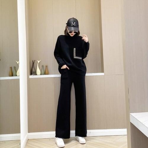 2020 Sale Turtleneck Full Winter Womens Suit Hot Diamond Pocket High Neck Sweater And Wide Leg Pants Fashion 2-piece Set