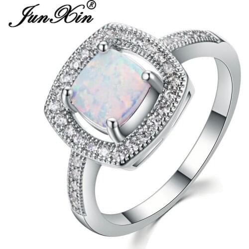 JUNXIN Female Marvelous Geometric CZ White Fire Opal Ring Silver Color Birthstone Rings For Women Wedding Gifts