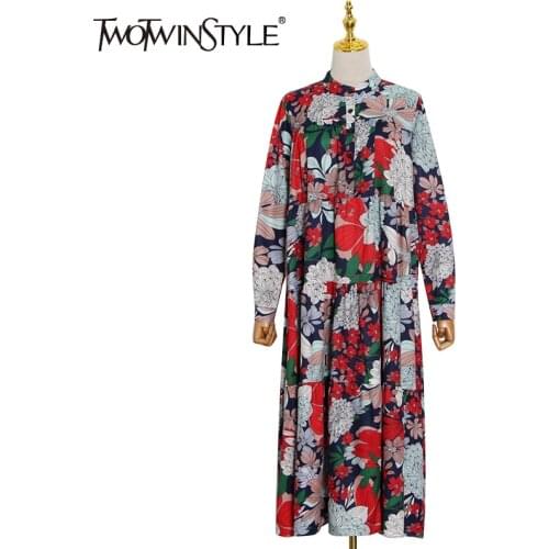 TWOTWINSTYLE Floral Print Colorblock Pleated Midi Dress For Women Stand Collar Long Sleeve Casual Dresses Female New Clothing