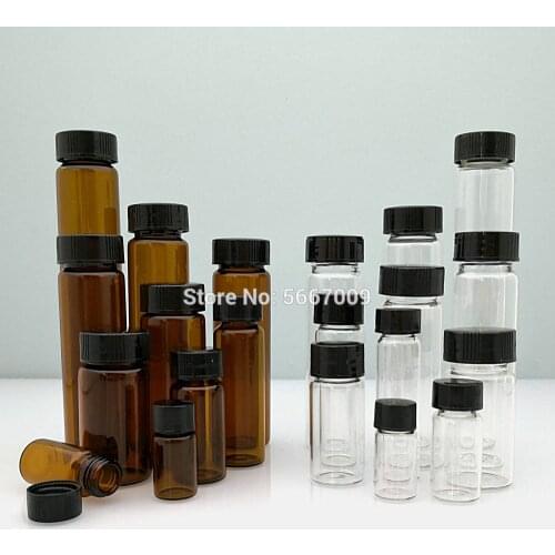 20pcs/lot 3ml 5ml 10ml 15ml 20ml 30ml 40ml 50ml (Clear/ brown) Glass Seal Bottle Reagent Sample Vials With Plastic Lid Screw Cap