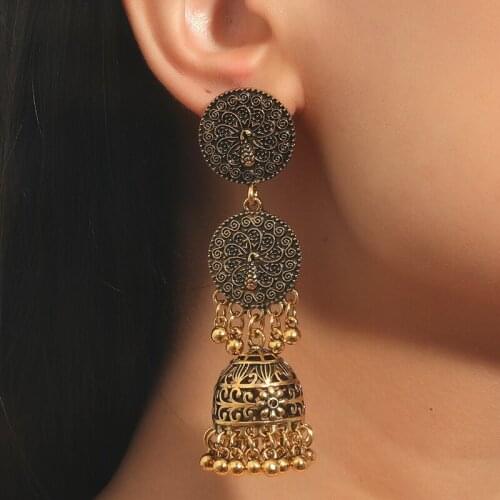 Ethnic Gold Bell Tassel Long Earrings Vintage Round Flower Carved Dangle Hanging Earrings For Women Indian Jhumka Jewelry Gifts