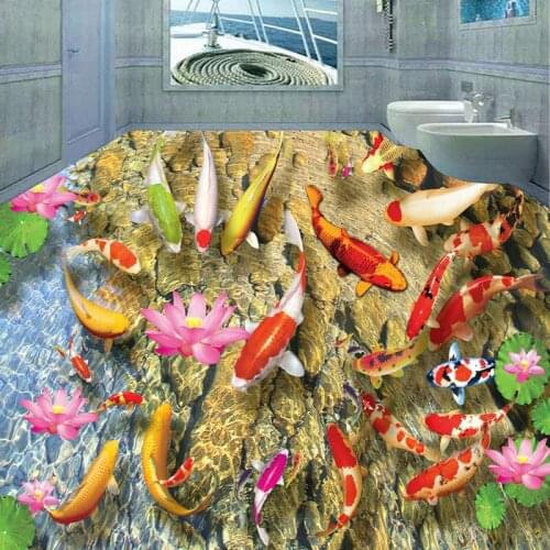 Chinese Style Lotus Carp Pond 3D Floor Tiles Photo Mural Wallpaper Living Room Bathroom PVC Waterproof Wear Non-Slip Wall Papers