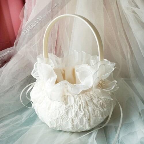 Top quality Wedding Decoration Flower Girl Basket Chic Satin Flowers lace pearl Flower Baskets for Wedding Party Decoration