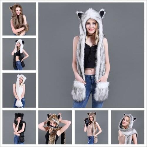 Fashion Womens Faux Fur Hat Fur Cap Cartoon Animal Hat Scarf Gloves One