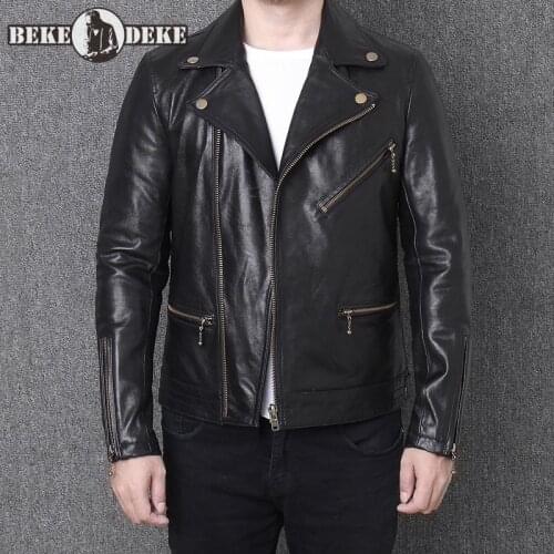 Business Casual Men Sheepskin Biker Jacket Lapel Slim Fit Outerwear Spring Zipper Genuine Leather Short Coat Plus Size 5XL