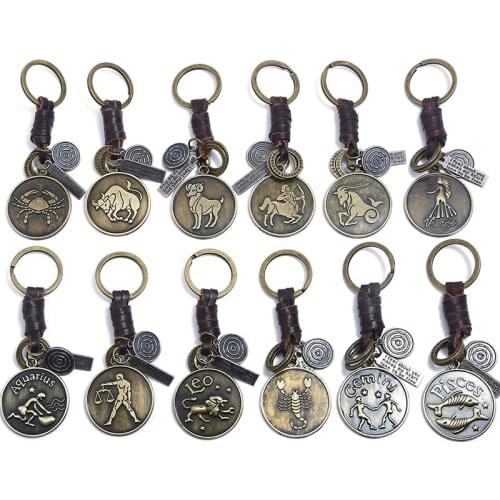 Yobest New Fashion Genuine Leather Weave Zodiac Sign Keychain Punk Vintage 12 Constellation Key Ring for Men Women