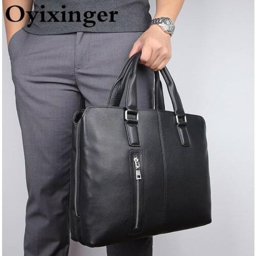 OYIXINGER Genuine Leather Laptop Handbag Luxury Natural Cowhide Male Briefcase For 14" Laptop Business Shoulder Messenger Bag