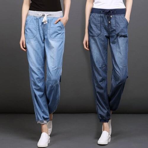 Casual Women Thin Denim Trousers Spring Summer 2020 Fashion Loose Elastic waist Jeans Plus size 4XL Denim nine pants With pocket