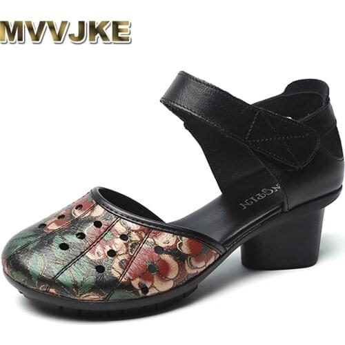 MVVJKE Ethnic Style Retro Women Sandals Fashion Closed Toe Genuine Leather Women Thick Heel Sandals Summer Mother Casual Shoes