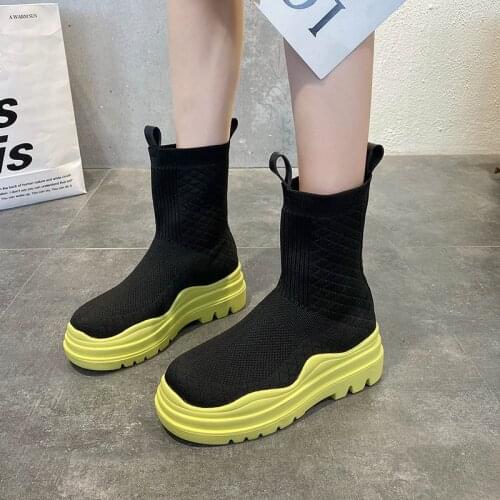 2021 Women Design Stretch Sock Boots Fetish Chunky Platform Ankle Boots Lady Knitting Canvas Booties Goth 6.5cm High Heels Shoes