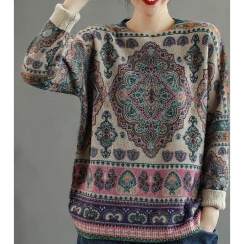 Women Sweater National Printing Wool 2021 Autumn Spring O neck Thin Pullovers Loose Bottoming Women Coat