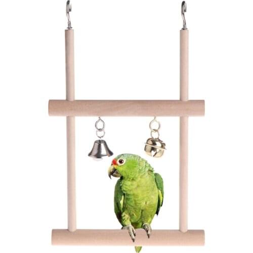 Birds Perch Parrot Toys Stand Holder Natural Wood Swing Bell Cage Hanging Ladder