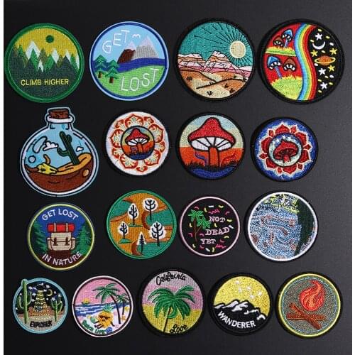 1PCS Punk camping desert Embroidered Appliques Iron On Forest Mushroom Patches Diy drifting bottle Summer pineapple Round Badges