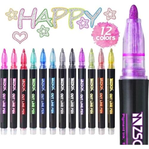 12 Colors Metallic Glitter Colorful Color Outline Marker Kawaii Art Marker Double Line Pen for School Drawing Art Supplies Pen