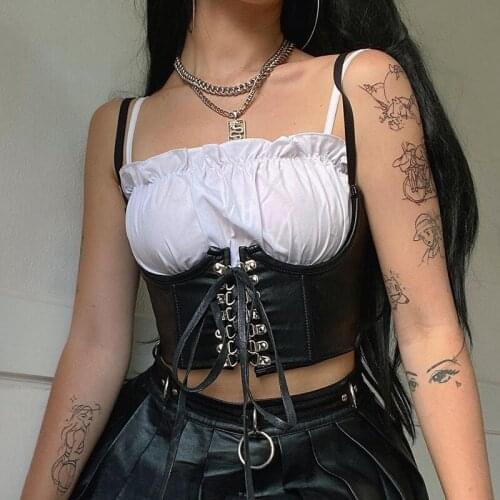 2021 Fashion PU Leather Womens Chest Support Vest Metal Buckle Lace Up Tight Fitting Camisole Push Up Corsets for Female