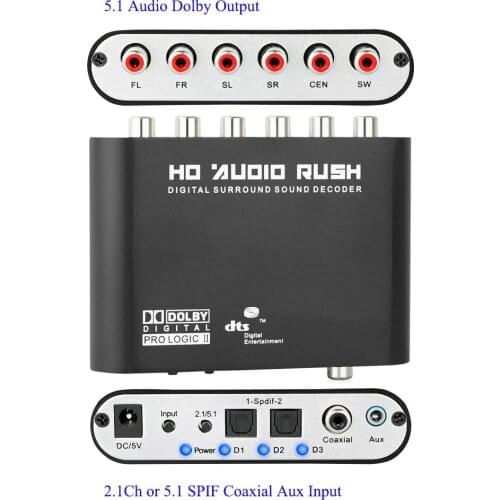 5.1 Digital to Analog Decoder Optical SPDIF 3.5mm AUX Coaxial HD Audio Rush 5.1 Audio Decoder AC3 DTS Surround Sound Amplifier