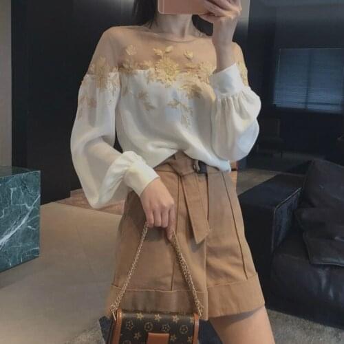 2021 New Summer Gauze Flower Patchwork Blouse Long Sleeve Pullover Shirt Casual Slim Tops