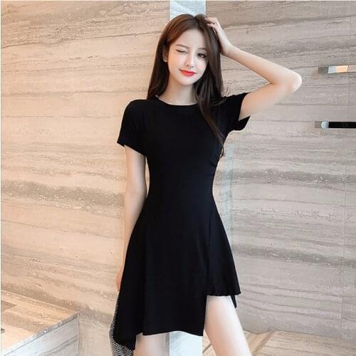 Spring Autumn Short Sleeve Mini Dress Women 2021 Black Slim Irregular Sweet Dress Women