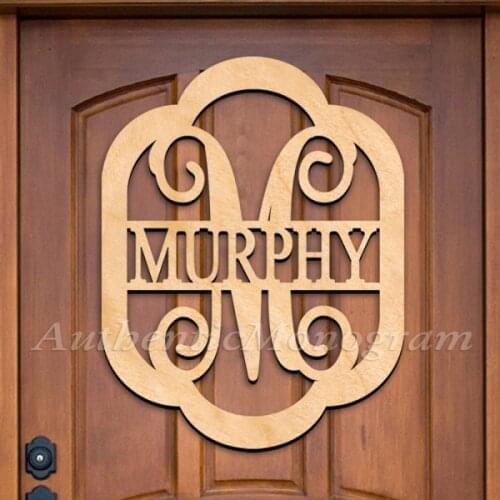 CUSTOM WOODEN MONOGRAM DOOR HANGER LAST NAME IN ROUNDED FRAME SINGLE LETTER VINE NATURAL
