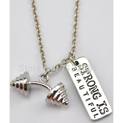 Dumbbell Kettle bell barbell with Strong is Beautiful Fitness weightlifting Gym chain necklace (A1220)