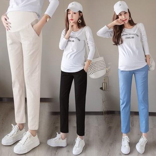 Cotton Linen Maternity 9/10 Length Pants High Waist Pocket Design Pregnant Women Straight Trousers Loose Clothes For Pregnancy
