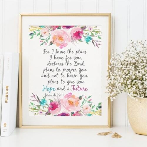 Bible Verse Jeremiah 29:11 Scripture Christian Wall Art Posters Prints Watercolor Flowers Canvas Painting Pictures Home Decor