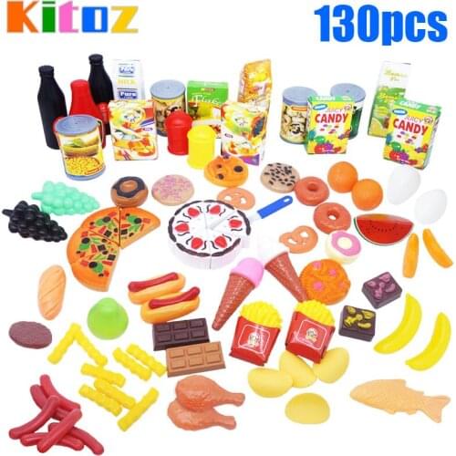 Kitoz 130pcs Food Fruit Cake Vegetable Toy Miniature Pretend Play Kitchen Plastic Educational Toy for Boy Girl Children
