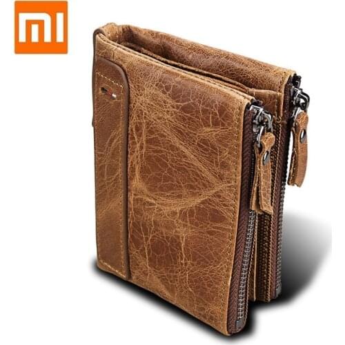 Xiaomi Crazy Horse Cowhide short Wallet luxurious mens wallet RFID anti-theft brush Real leather double zipper coin purse