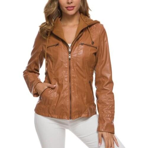 Hooded Leather Jacket Autumn Winter womens leather jacket with zipper leather jacket short PU jacket large size coat
