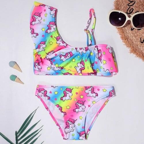 Ombre Unicorn Girls Swimsuit Kids Ruffle Two Piece Childrens Swimwear Toddler Girl Bikini Set One Shoulder Girls Bathing Suit