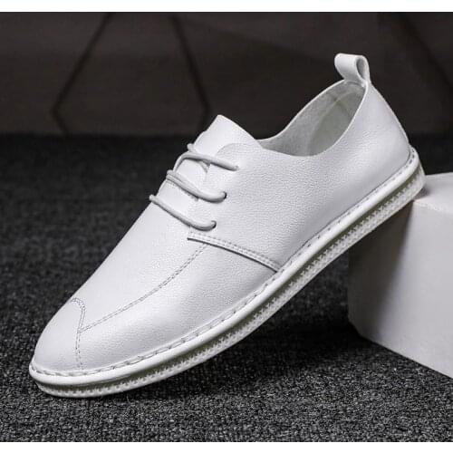 Leather Men Shoes Footwear High Quality Man Lace-up Casual Flats 2020 New Korean Style White shoes