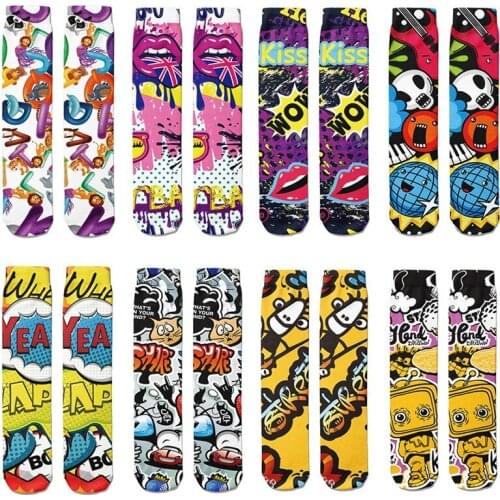 1 Pairs Harajuku Funny Happy Kawaii Hip Hop Women Socks Casual Graffiti Unisex Long Socks Colorful Female Thigh High Socks