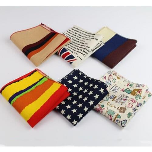 Mens Vintage Style Cotton Linen Handkerchief Floral Striped Map Flag Pocket Square 22*22cm Hankies Towel Casual