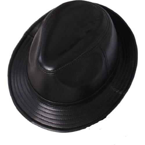New Fashion Winter mens leather brim jazz hat gentlemans hat sheep skin Leather hats middle-aged mans hat