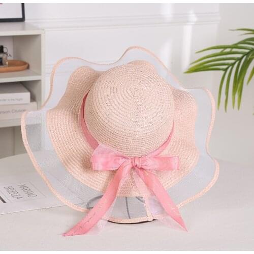 New Korean Style Woman Straw Gauze Joint Bow Ribbon Large Brim Sunshade Ins Celebrity Outing Fashion Beach Holiday Glacier Hat