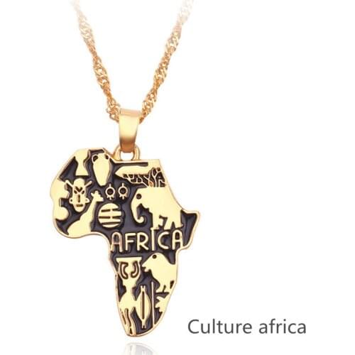 Culture Africa Map Necklace Flag Totem Symbol Animal Elephant Pendant Gold Chain Crystal African Map Necklaces Women Men Jewelry