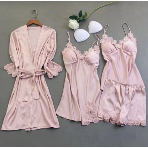 4PCS Pink Pajamas Set Women Nightshirts V-Neck Print Sleepwear Nightie Sleep Bathrobe Wear Home Suit Negligee Spring Robe Gown