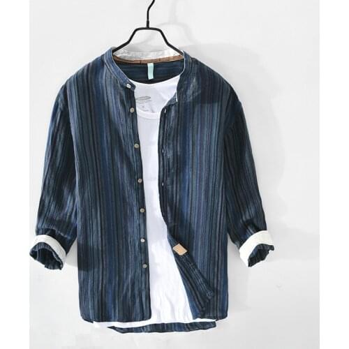 Autumn New Blue Striped Shirt for Men Pure Linen Fashion Soft Three Quarter Shirts Man High Quality Casual Vintage Tops