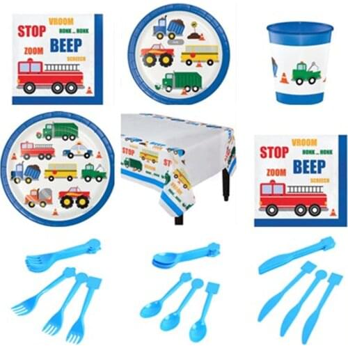 Cartoon Farm Theme Party Disposable Birthday Decorations Excavator Car Tableware Vehicle Pennant Garland Party Decoration