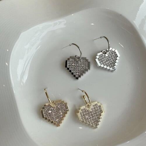 Korean Flash Crystals Heart earring Building Blocks Mosaic Design Fashion Drop Earrings Ear Hoops Female Temperament Light Gifts