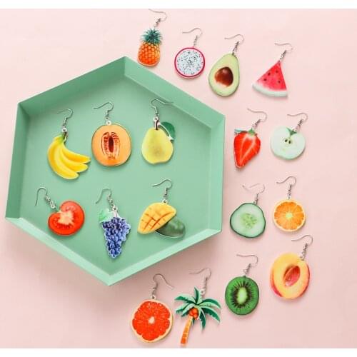1Pair Acrylic Fruit Hook Earrings Strawberry Pineapple Kiwi Orange Cucumber Tomato Vegetable Dangle Drop Earring Women Jewelry