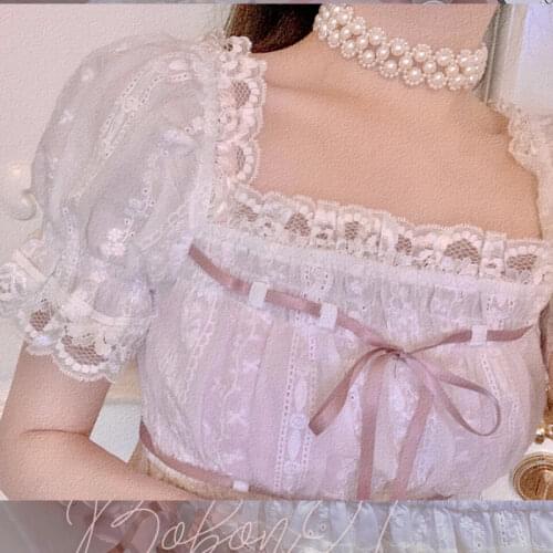 Girls' Sweet Lace Stitching Shirts Womens Design Sense Summer Square Collar Shirts High Waist Navel Short Tops