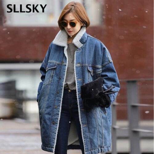 Sllsky Fur Warm Winter Denim Jacket Women 2019 New Fashion Autumn Wool Lining Jeans Coat Women Bomber Jackets Casaco Feminino