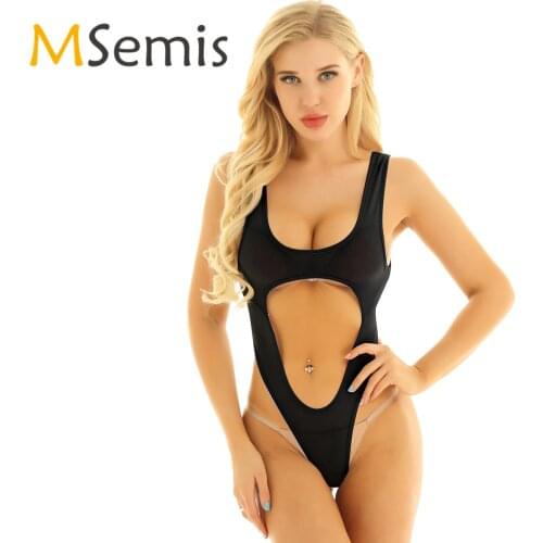 Womens Swimsuits High Cut Thong Leotard Bodysuit Lingerie One Piece Mesh Swimming Suit See Through Sheer Swimwear Bath Clothes