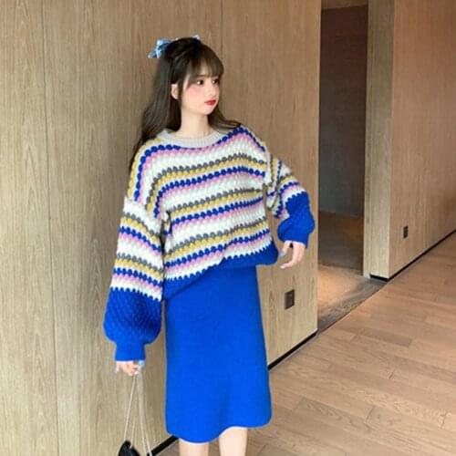 2021 Women 2 Pieces Set Knitted Tracksuit Turtleneck Sweater + skirts lady skirt suits Pullover Sweater Set Knitted Outw
