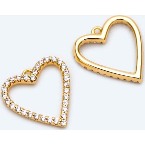 10pcs CZ Paved Gold Heart Pendants 13x12mm, 18K Gold Plated Brass, Rhinestone Heart Charms For Jewelry Making DIY (GB-1730)