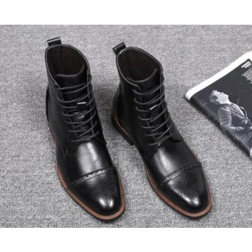 Winter Genuine Leather lace-up Bullock carved ankle boots Fashion high-top falt dress shoes Round toe Martin boots big size 48